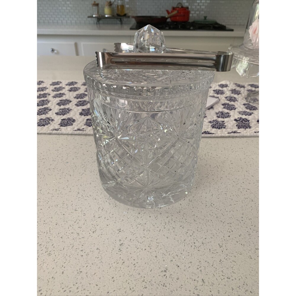 Vintage Cut To Clear Crystal Ice Bucket with Lid or Candy Jar 7.5" With Tongs